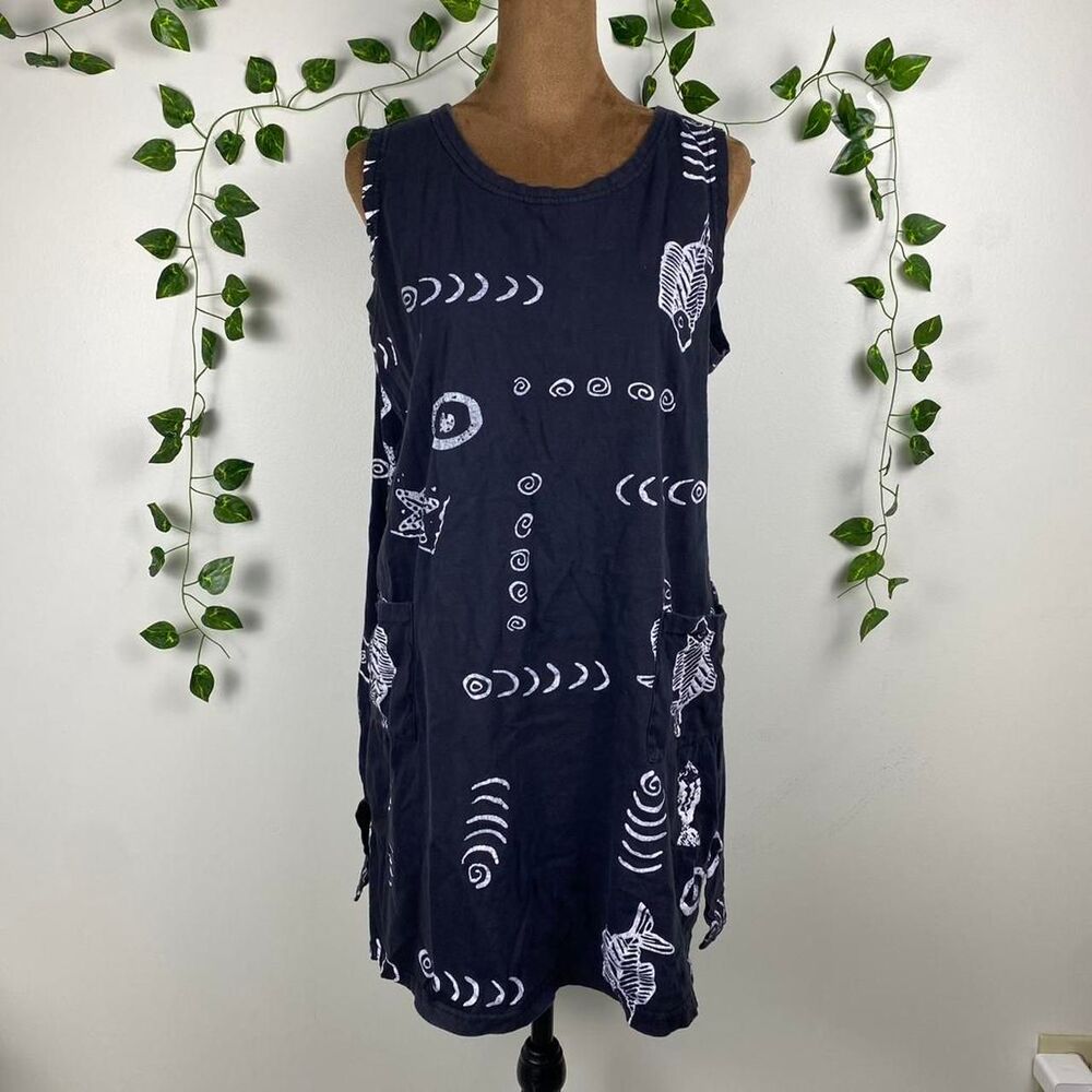 Black bleach print cotton midi dress fish painted swirls abstract artsy grunge